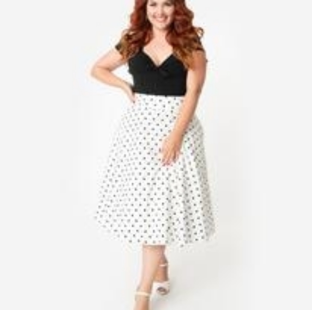 Unique Vintage white with black polka dots Vivien swing skirt